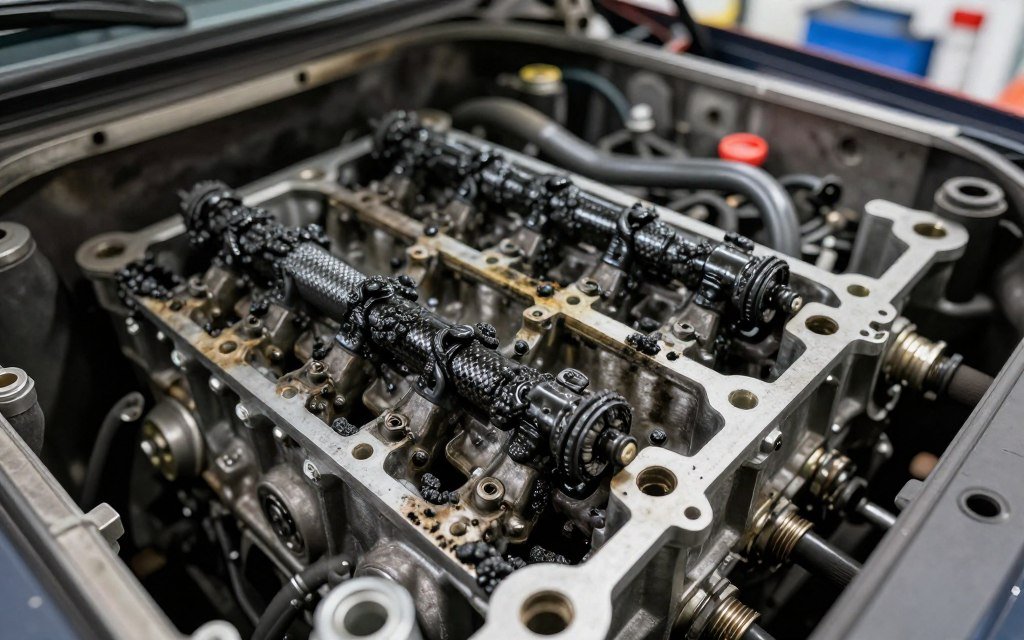A close-up image showing the interior of an engine with prominent carbon deposit symptoms. In the foreground, focus on black, sooty residue clinging to key engine components like valves and spark plugs, highlighting the detrimental effects of carbon build-up. In the middle ground, a partially disassembled engine showcases the intricate details of the mechanics, demonstrating discolored metal and soot-stained areas. The background reveals a blurred garage workshop with tools and equipment, suggesting a professional setting. Use soft overhead lighting to accentuate textures and shadows, creating a serious yet informative atmosphere. Capture the scene from a slightly elevated angle to provide a clear view of the carbon deposits while maintaining a technical and educational focus.