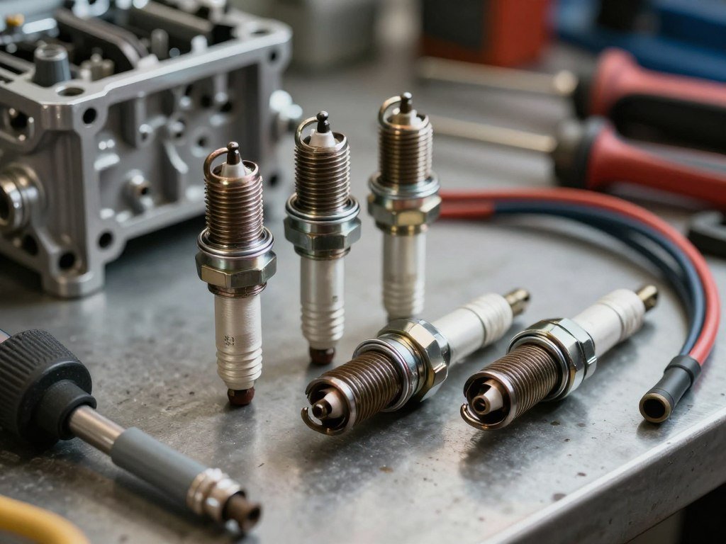 A close-up view of spark plugs and ignition system components prominently displayed on a workbench. In the foreground, focus on several diverse spark plugs, showcasing their metallic finishes and intricate designs. Arrange ignition coils and wires alongside them, with a small engine block partially visible in the background. Utilize soft, diffuse lighting to create an inviting atmosphere, highlighting the sheen of the metal components. Capture the scene from a slightly elevated angle, emphasizing the details of the textures and reflections. The background should evoke a workshop vibe, with tools and mechanical parts subtly blurred to keep the focus on the essential components for a complete engine tune-up.