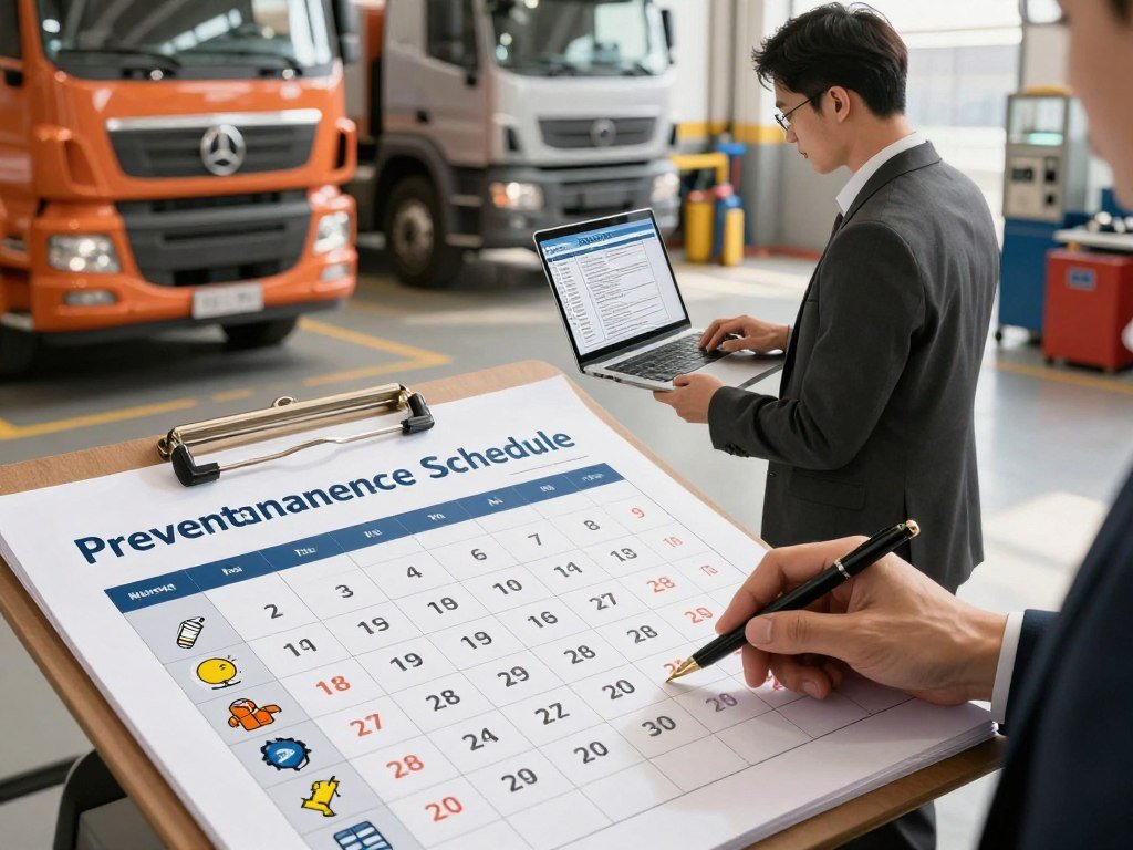 A detailed illustrated preventative maintenance schedule for diesel trucks. In the foreground, display a well-organized calendar with specific dates marked for maintenance tasks, such as oil changes, filter replacements, and inspections. In the middle ground, depict a professional business expert, dressed in smart attire, using a laptop to review maintenance logs and plans. In the background, feature a workshop scene with diesel trucks, tools, and service equipment, emphasizing a clean, efficient environment. Soft, warm lighting casts an inviting atmosphere, highlighting the importance of maintenance knowledge. The perspective should be slightly angled from above, giving a comprehensive view of the schedule and the expert in action, creating a sense of professionalism and preparedness.