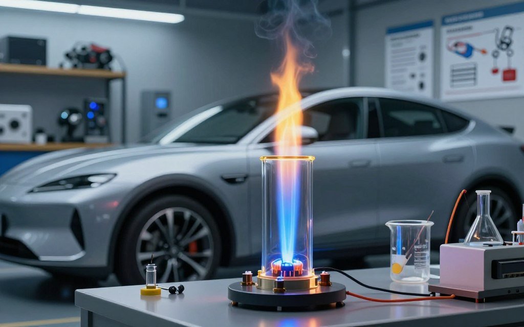 A detailed illustration of HHO gas combustion science within an automotive context. In the foreground, a close-up on a transparent glass cylinder demonstrating the electrolysis process, with vivid blue and yellow flame bursts indicating combustion. Surround the cylinder with tools and scientific equipment like beakers and electrodes to emphasize a laboratory setting. The middle ground showcases a sleek, modern vehicle with visible engine components connected to the HHO system, hinting at the practical application. In the background, a soft-focus workshop with shelves of automotive technology and charts explaining HHO properties. Soft, ambient lighting enhances the scientific atmosphere, while a slight haze over the scene adds depth and intrigue, capturing the essence of innovation and technology in carbon cleaning.