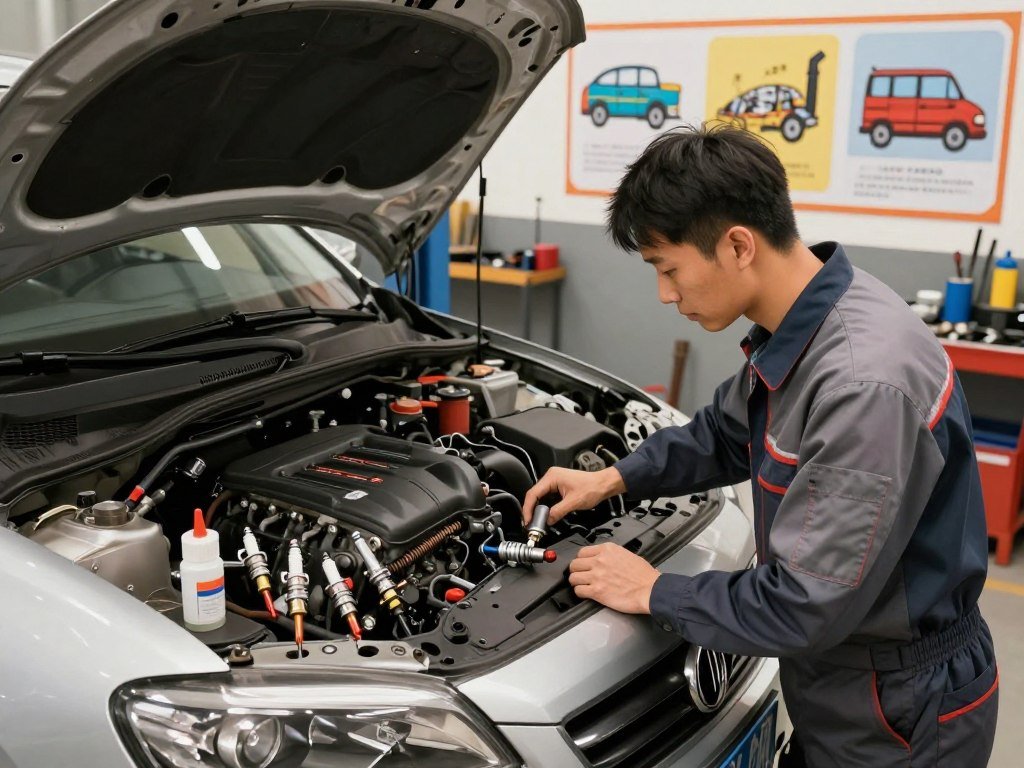 A detailed illustration of basic engine tune-up steps, showcasing a clean, organized garage environment. In the foreground, a mechanic in professional attire is inspecting a car engine with tools laid out neatly, including spark plugs, an oil filter, and fuel injector cleaner. The middle ground features a car on a lift, revealing the engine, while colorful diagrams of the tune-up steps are displayed on the wall, enhancing the educational aspect. The background shows shelves with tools and automotive supplies, bathed in warm, ambient lighting to create a focused and professional atmosphere. Use a slightly elevated angle to capture the entire scene, emphasizing both the mechanic's hands-on work and the organized workspace. Keywords: engine tune up, easy tune engine service.