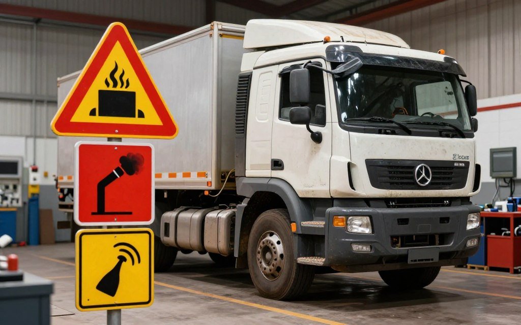 A detailed illustration of multiple diesel performance red flags warning signs, prominently displayed in the foreground. The signs include icons and symbols representing overheating, excessive exhaust smoke, and unusual noises, created with vivid colors for emphasis. In the middle ground, a rugged diesel truck is parked, showing visible wear and tear, symbolizing the need for professional truck tunes. The background features a workshop setting, subtly blurred, filled with tools and diagnostic equipment, enhancing the technical mood. The lighting is bright and clinical, emphasizing the seriousness of the red flags, while a shallow depth of field focuses attention on the signs and the truck. The atmosphere conveys urgency and the necessity for professional intervention in diesel performance.