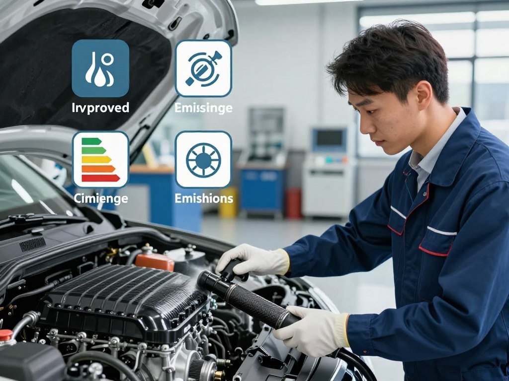 A detailed illustration showcasing the benefits of hydrogen carbon cleaning for emissions compliance. In the foreground, a professional expert in business attire carefully inspects a clean engine after hydrogen carbon cleaning, demonstrating the process's efficacy. In the middle, various icons symbolize key benefits: improved fuel efficiency, reduced emissions, and prolonged engine life. The background features a bright, modern automotive workshop with tools and equipment, emphasizing a clean and organized environment. The lighting is bright and focused, highlighting the expert and the components being inspected, with soft shadows to create depth. The atmosphere is positive and professional, conveying trust and expertise in modern automotive care.