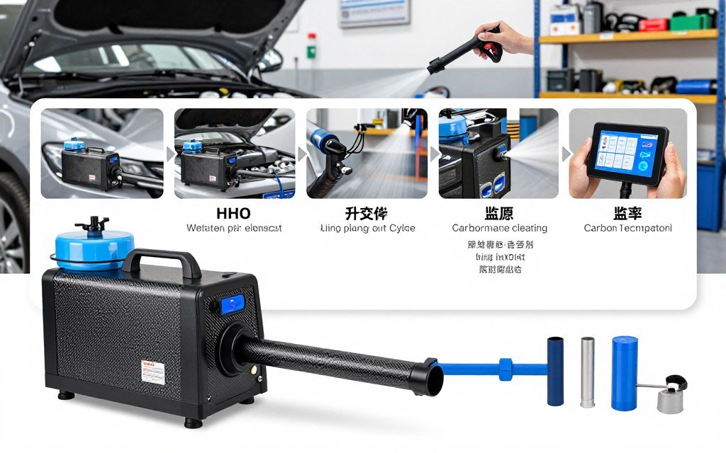 A detailed infographic illustrating the step-by-step carbon cleaning process using HHO technology. In the foreground, showcase a high-tech carbon cleaning machine with clear components labeled: a water reservoir, HHO generator, and exhaust system. In the middle layer, display a sequence of images depicting each stage of the cleaning process: connecting the machine to the vehicle, initiating the cleaning cycle, and monitoring the results on a digital display. In the background, use a well-lit automotive workshop setting with shelves of tools and parts for a professional atmosphere. The lighting should be bright and even, emphasizing clarity. The mood should be informative and technical, ideal for a how-to guide.