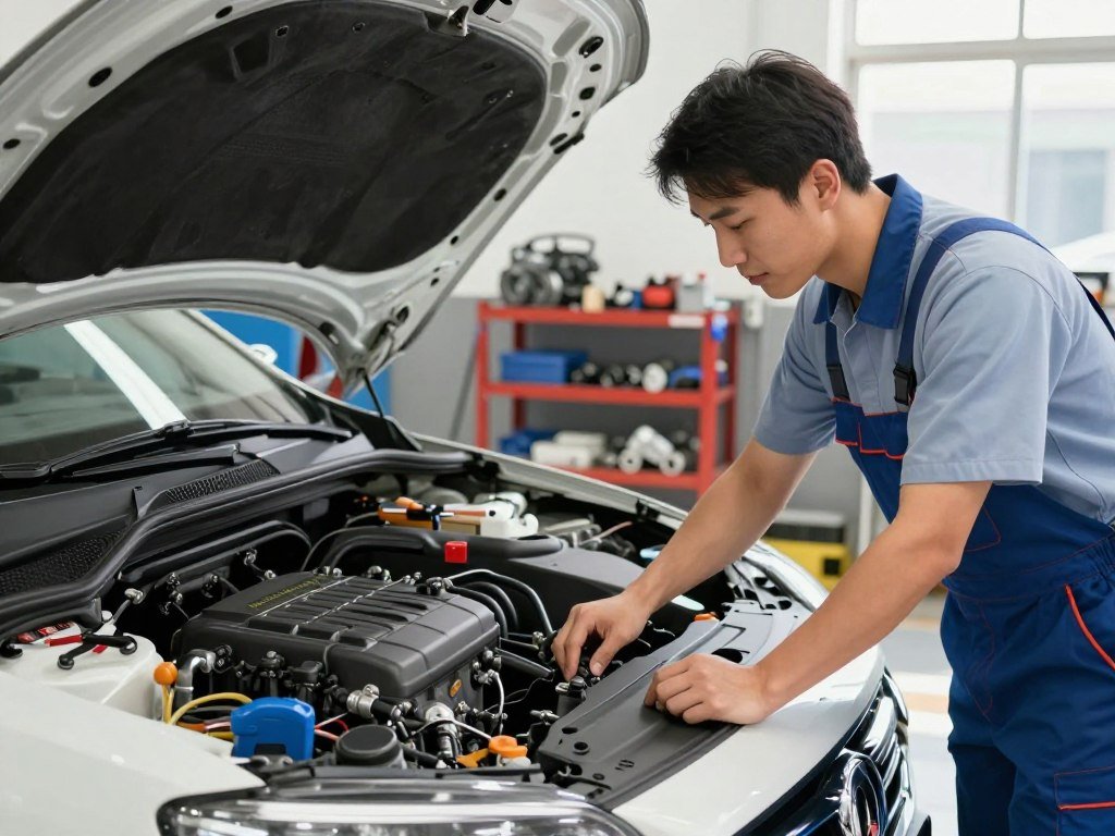 A detailed, informative illustration capturing the benefits of regular vehicle tune-ups. In the foreground, show a mechanic in professional attire inspecting a car engine, with tools and diagnostic equipment around them. In the middle ground, display a well-maintained vehicle with visible engine components labeled as "engine tune-up" and "fuel injector cleaning." The background should depict a clean, organized workshop with shelves of tools and engine parts, bathed in bright, natural light for a friendly atmosphere. The perspective should be slightly angled downwards, focusing on the mechanic's hands at work, emphasizing the diligence behind easy tune engine service. This image should convey a sense of professionalism, trust, and the importance of vehicle maintenance.