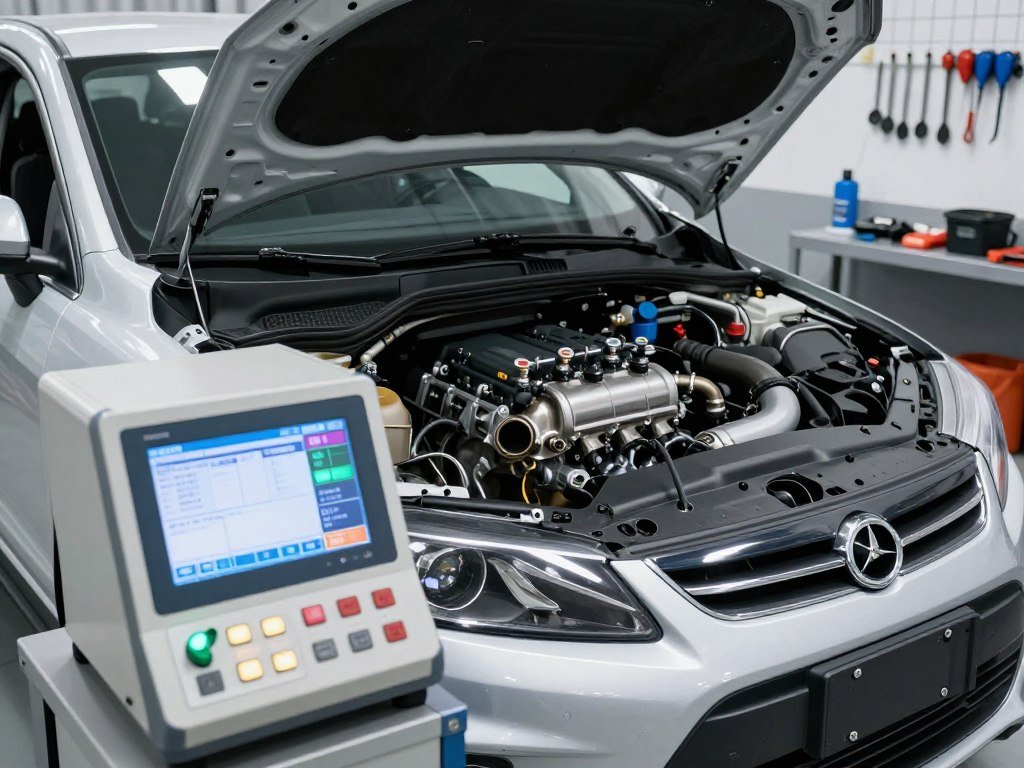 A detailed vehicle emissions testing and engine component diagram, showcasing a professional workspace. In the foreground, a high-tech emissions testing machine with glowing indicators and a control panel, featuring buttons and screens displaying data readings. The middle ground includes an open engine hood, revealing clean, well-organized engine components, such as the catalytic converter, fuel injectors, and exhaust system parts, with labels for clarity. The background consists of a clean, illuminated garage with tools neatly arranged on a wall. The lighting is bright and focused, emphasizing the technical aspects, while capturing a mood of precision and professionalism in the automotive field. Ensure no human figures are present in the image.