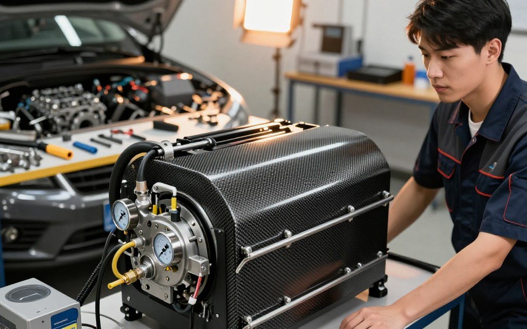 A detailed view of an advanced engine efficiency enhancement system, featuring a sleek and modern carbon cleaning machine. In the foreground, focus on the machine's apparatus with visible intricate tubing and gauges, showcasing its HHO technology. The middle ground includes a well-organized workshop environment, with tools and engine components neatly arranged on a workbench, and key parts of a vehicle being cleaned. In the background, warm lighting illuminates the scene, emphasizing a professional atmosphere. A mechanic in professional attire examines the machine, their expression focused and engaged. Capture this from a slightly elevated angle to showcase depth, with a clear focus on the technology's innovation, while creating a sense of progress towards sustainable engine efficiency.