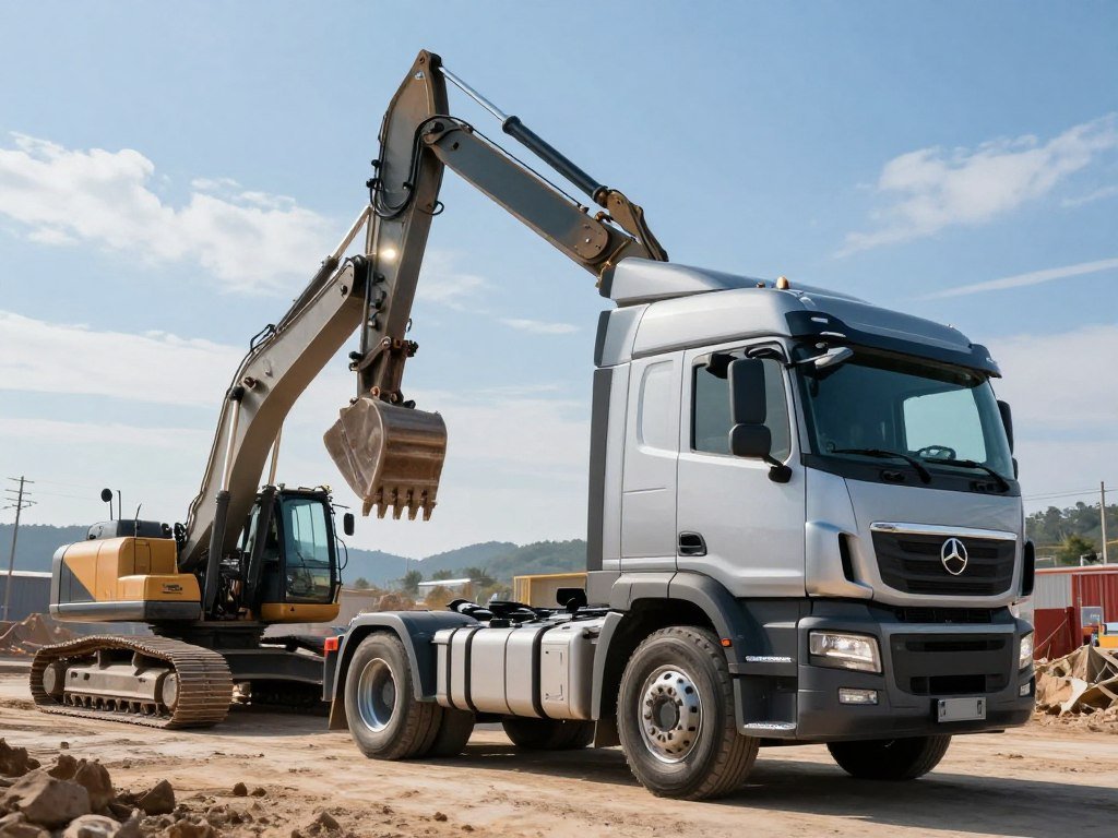 A dynamic scene set in an open construction site showcasing a sleek, modern truck and an excavator, both optimized for fuel efficiency. In the foreground, focus on the truck's aerodynamic contours and fuel-efficient tires, shimmering under bright sunlight to emphasize its design. The midground features the powerful excavator, with finely detailed hydraulic systems and an articulated arm, working seamlessly on a project. The background includes a clear blue sky with wispy clouds and a distant view of rolling hills, creating an expansive feel. A soft glare reflects off the machinery, conveying an aura of professionalism and innovation. The atmosphere should feel industrious yet eco-conscious, highlighting the benefits of advanced engineering in maximizing fuel efficiency and reducing operational costs, without any text or watermarks. A dynamic scene set in an open construction site showcasing a sleek, modern truck and an excavator, both optimized for fuel efficiency. In the foreground, focus on the truck's aerodynamic contours and fuel-efficient tires, shimmering under bright sunlight to emphasize its design. The midground features the powerful excavator, with finely detailed hydraulic systems and an articulated arm, working seamlessly on a project. The background includes a clear blue sky with wispy clouds and a distant view of rolling hills, creating an expansive feel. A soft glare reflects off the machinery, conveying an aura of professionalism and innovation. The atmosphere should feel industrious yet eco-conscious, highlighting the benefits of advanced engineering in maximizing fuel efficiency and reducing operational costs, without any text or watermarks.