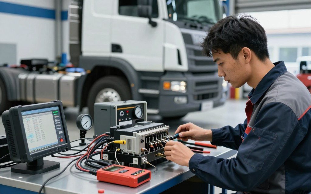 A focused diesel tuning scene featuring a skilled technician in a clean garage environment, wearing professional work attire, engaged in the tuning process of a powerful truck. In the foreground, the technician is adjusting the engine's electronic control unit (ECU) with specialized tools, showcasing intricate wiring and machinery. The middle ground includes a fully equipped workbench with tuning equipment, gauges, and diagnostic devices, emphasizing the technical expertise involved. In the background, a well-maintained diesel truck is partially visible, highlighting its robust design and components. The lighting is bright and industrial, with a slightly cool tone to convey a professional atmosphere, while the angle captures the depth of the workspace, drawing the viewer into this performance-enhancing process.