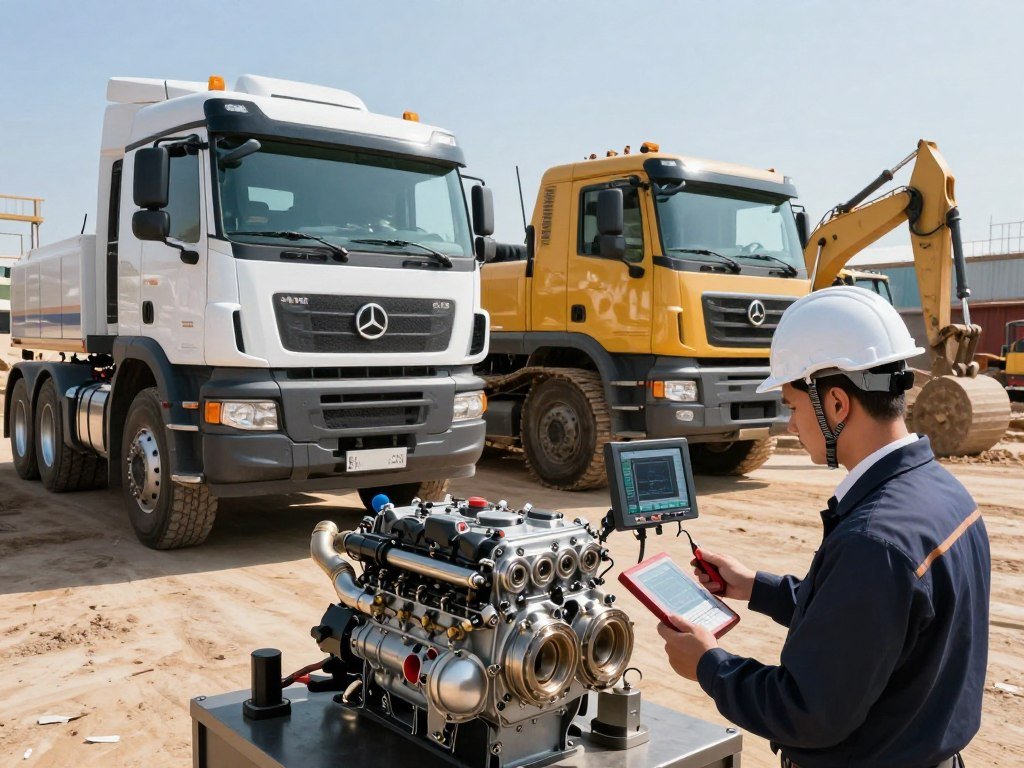 A heavy-duty truck and an excavator in a dynamic industrial setting, showcasing their robust engines. In the foreground, a professional, trusted local expert in a safety helmet and business attire inspects engine components with high-tech diagnostic tools, emphasizing horsepower and torque optimization. In the middle, the powerful trucks and excavators are visibly modified, with details such as enhanced exhaust systems and performance tuning displays. The background features a construction site with machinery in action under bright, natural lighting, casting sharp shadows for depth. The atmosphere is energetic and industrious, conveying the benefits of engine tuning, with focus on machinery performance and innovation. A heavy-duty truck and an excavator in a dynamic industrial setting, showcasing their robust engines. In the foreground, a professional, trusted local expert in a safety helmet and business attire inspects engine components with high-tech diagnostic tools, emphasizing horsepower and torque optimization. In the middle, the powerful trucks and excavators are visibly modified, with details such as enhanced exhaust systems and performance tuning displays. The background features a construction site with machinery in action under bright, natural lighting, casting sharp shadows for depth. The atmosphere is energetic and industrious, conveying the benefits of engine tuning, with focus on machinery performance and innovation.