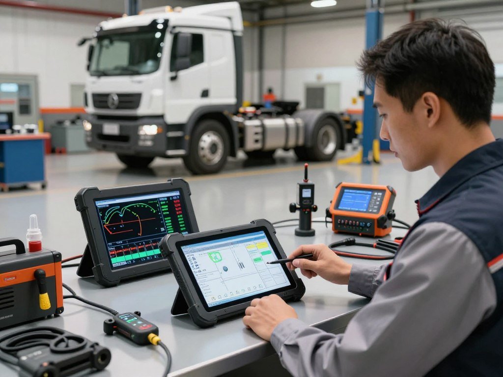 A high-tech mobile diagnostic toolkit for diesel trucks set in a well-lit service garage. In the foreground, showcase a sleek diagnostic tablet displaying intricate scan diagnostics and real-time performance metrics. Beside it, a trained technician in professional business attire reviews the tablet’s data with focused concentration. In the middle, various essential diagnostic tools are neatly arranged, highlighting a commitment to optimal performance. The background features a modern diesel truck in the process of being serviced, with a well-organized workspace that includes tools and equipment. Soft overhead lighting casts a warm glow, enhancing the atmosphere of professionalism and expertise, suggesting a trusted local expert at work in a clean, efficient environment. The angle is slightly angled from above to capture both the tools and the truck effectively.