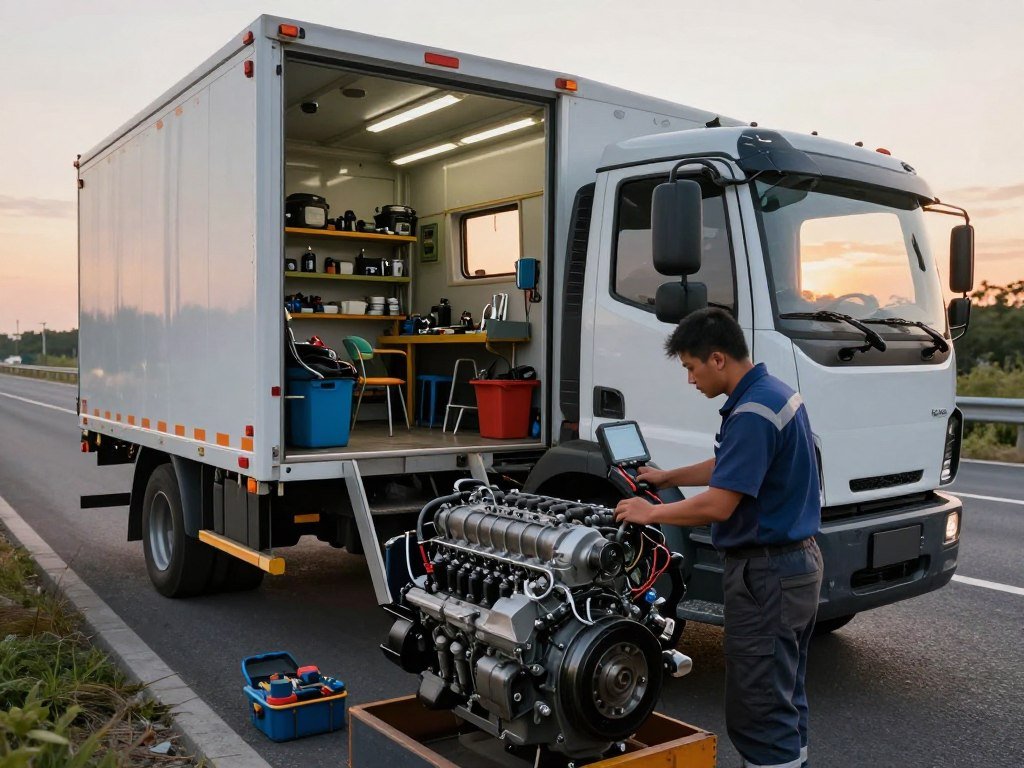 A mobile diesel repair truck parked on the side of a busy highway, showcasing a mechanic in professional attire working on an oversized diesel engine. In the foreground, detail the mechanic's focused expression as he utilizes diagnostic tools and equipment, with tools neatly arranged nearby. In the middle ground, include the open doors of the truck revealing shelves filled with repair parts and tools, reflecting a well-organized workspace. In the background, capture a vibrant sunset casting warm light, illuminating the highway and surrounding landscape, adding depth and a sense of urgency to the scene. The mood conveys professionalism and readiness, emphasizing the convenience of mobile repair and roadside assistance for diesel truck owners.