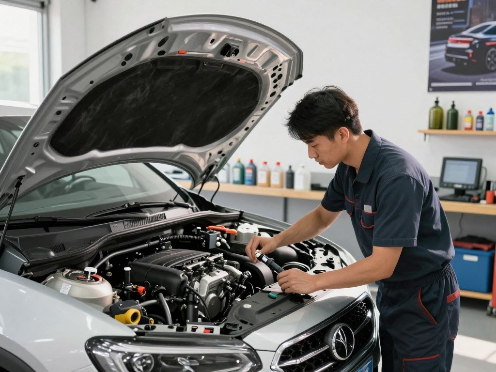 A modern engine tune-up scene unfolds in a bright, well-equipped automotive workshop. In the foreground, a skilled mechanic, dressed in professional business attire, inspects a fuel injector with precision, surrounded by various tools and diagnostic equipment. The middle ground features an open car hood, revealing a polished engine with visible components like spark plugs and air filters. Shelves lined with jars of cleaning solvents and maintenance tools add depth. The background showcases a clean, organized workspace with automotive posters on the walls, hinting at advanced technology and innovation. Soft, natural lighting streams in through a window, casting gentle highlights and shadows, creating a focused yet inviting atmosphere. The scene captures the essence of an easy tune engine service, emphasizing professionalism and attention to detail.