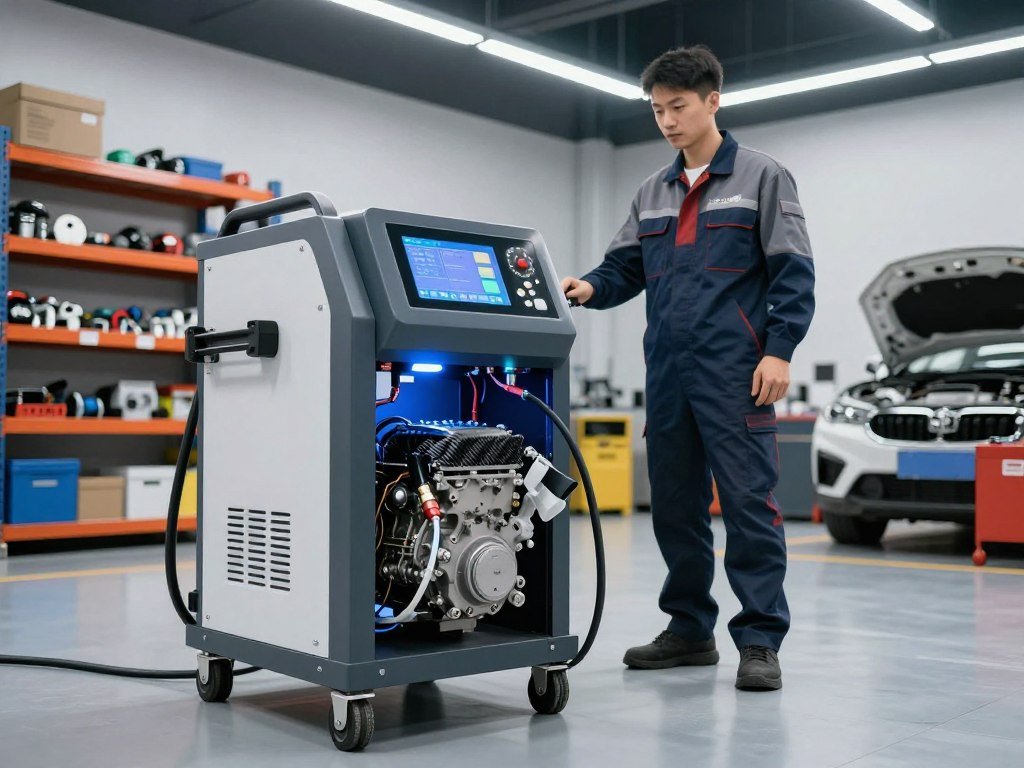 A professional and sophisticated hydrogen carbon cleaning equipment setup in a well-lit garage workshop. In the foreground, a sleek, advanced hydrogen carbon cleaning machine with glowing control panels and hoses connecting to various engine components. The middle ground features a mechanic in professional attire, observing the machine's operation, with an air of expertise and focus. In the background, shelves are stocked with automotive tools and parts, under bright fluorescent lighting that highlights the cleanliness and precision of the environment. The overall atmosphere conveys innovation and trust, reflecting the cutting-edge technology of emissions reduction. The angle is slightly elevated, showcasing the equipment's intricate design and functionality in action, emphasizing efficiency and professionalism.