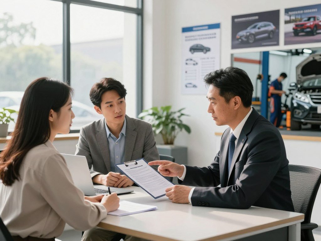 A professional automotive service advisor sitting at a sleek desk in a bright, modern office. The advisor, a middle-aged person in a professional business suit, is explaining the details of a vehicle service contract to a couple, who are attentively listening. In the background, a large window lets in soft, natural light, illuminating charts and images of different vehicle protection plans on the walls. A car workshop can be seen through another window, showcasing mechanics at work. The mood is collaborative and informative, emphasizing trust and expertise. The composition is balanced, with the advisor in the foreground, the couple in the middle, and the workshop scene adding depth in the background. The image should have a warm and inviting atmosphere.