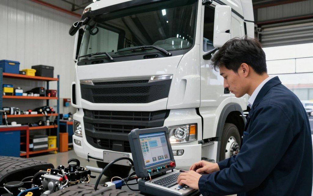 A professional diesel mechanic tuning a powerful diesel truck in a well-lit garage, showcasing the intricacies of maximizing fuel efficiency. In the foreground, focus on the mechanic in smart business attire, intently examining engine components with high-tech diagnostic equipment. The middle layer features the truck, an impressive model with visible enhancements and detailed engine modifications, showcasing its robust build. In the background, shelves filled with tuning tools and equipment reflect a dedicated workspace. Soft, focused lighting emphasizes the care and expertise involved in the tuning process, creating a serious yet innovative atmosphere. Capture this moment from a slightly low angle to highlight the truck's imposing stance, conveying a sense of professionalism and skill in diesel tuning.