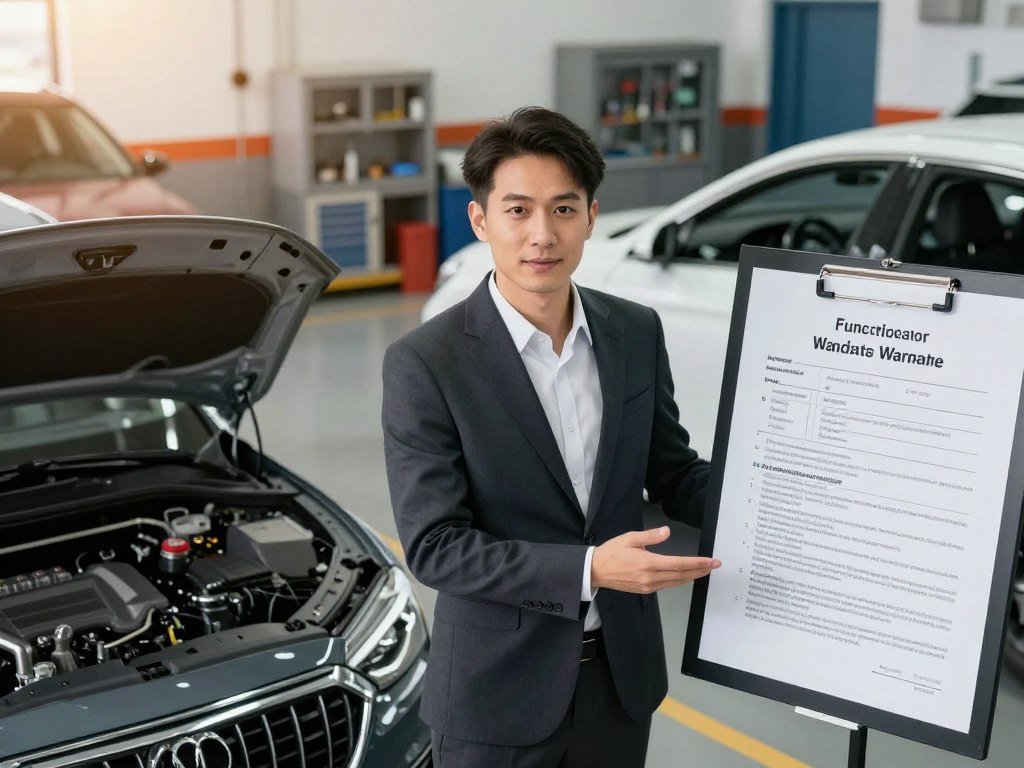 A professional, expert, trusted local expert stands confidently in an automotive service center, surrounded by various car models. In the foreground, the expert, dressed in a tailored business suit, gestures towards a detailed display of manufacturer warranty documentation. The middle section features a sleek vehicle with visible parts labeled to emphasize warranty limitations, like engine components and safety features. The background showcases a modern service workshop with tools and equipment neatly arranged, capturing a sense of professionalism and care. Soft, warm lighting floods the space, creating an inviting atmosphere that conveys trust and reliability. The angle should be slightly elevated, emphasizing both the expert and the cars, while maintaining focus on the warranty aspects, ensuring clarity and depth in the image composition.