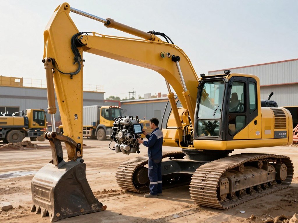 A robust and dynamic scene showcasing heavy machinery in a workspace, emphasizing the theme of engine life extension and improved durability. In the foreground, a well-maintained excavator, with glistening components and a strong, sturdy frame, is positioned. In the middle, a technician in professional attire inspects the engine, using diagnostic equipment under bright, clear lighting that enhances the details of the machinery. The background features a bustling construction site with trucks and equipment, bathed in golden hour sunlight, creating an industrious yet harmonious atmosphere. The entire composition conveys trust and professionalism, illustrating the benefits of expert engine tuning for longevity and durability. A robust and dynamic scene showcasing heavy machinery in a workspace, emphasizing the theme of engine life extension and improved durability. In the foreground, a well-maintained excavator, with glistening components and a strong, sturdy frame, is positioned. In the middle, a technician in professional attire inspects the engine, using diagnostic equipment under bright, clear lighting that enhances the details of the machinery. The background features a bustling construction site with trucks and equipment, bathed in golden hour sunlight, creating an industrious yet harmonious atmosphere. The entire composition conveys trust and professionalism, illustrating the benefits of expert engine tuning for longevity and durability.