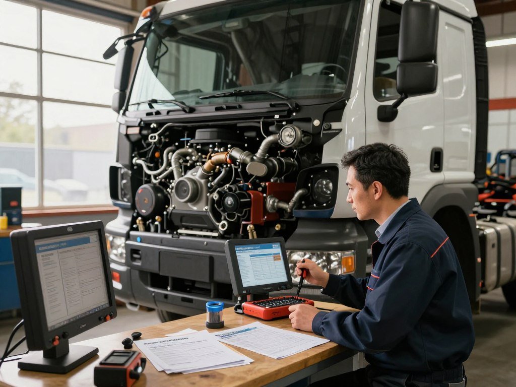 A rugged diesel truck parked in a well-lit repair shop, showcasing its intricate engine components and modern technology. In the foreground, a skilled mechanic, dressed in professional business attire, examines the truck’s emission system using advanced diagnostic tools. In the middle, various compliance documents and checklists can be seen spread out on a workbench, highlighting the 2026 regulations challenge. The background features a large window allowing soft, natural light to filter in, illuminating the workspace with a warm, industrious atmosphere. The overall mood is serious yet hopeful, emphasizing preparedness for upcoming regulations. The composition should be shot from a slight upward angle, focusing on the truck's side profile, with a lens that captures both the details of the machine and the determination on the mechanic's face.