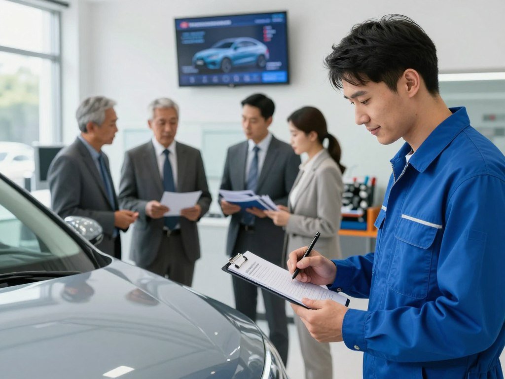 A sleek modern automotive service station depicting the benefits of a vehicle service plan. In the foreground, a friendly and professional-looking mechanic in a blue uniform inspects a shiny car with a checklist in hand, symbolizing trust and expertise. In the middle ground, diverse customers of varying ages, dressed in professional attire, discuss protection plans with service advisors, showcasing a sense of reliability and personalized service. The background features a bright, well-organized service bay with tools, service manuals, and a large digital screen displaying car maintenance graphics. Soft, natural lighting enhances the welcoming atmosphere, while the scene's angle suggests depth and perspective, creating an engaging and informative environment that captures the essence of automotive protection benefits.