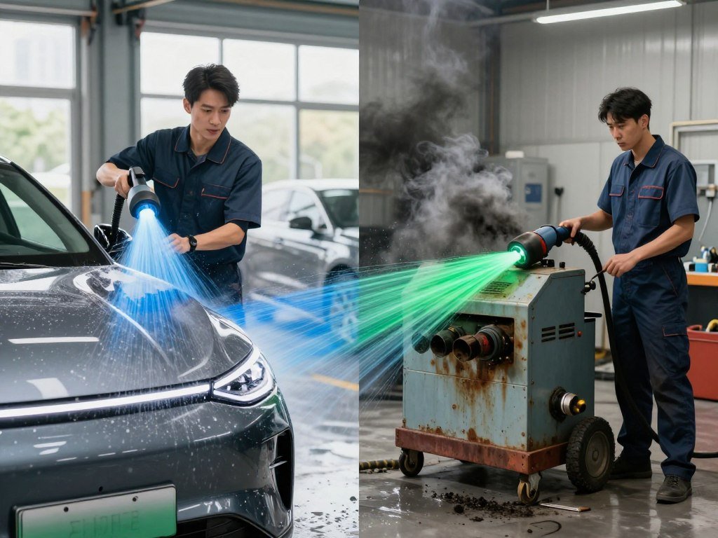 A split-scene illustration showcasing the comparison between hydrogen carbon cleaning and traditional cleaning methods for vehicles. In the foreground, on the left, a sleek, modern vehicle being serviced with advanced hydrogen carbon cleaning technology, with vibrant blue and green streams symbolizing a clean, eco-friendly process. The technician wears professional business attire and examines the vehicle closely. In the middle, contrasting with the left, traditional cleaning methods are depicted using outdated equipment, with dark exhaust and industrial fumes emphasizing pollution. The technician here is also dressed in professional attire, looking worried. The background features a garage setting, well-lit with natural light coming from large windows, providing a bright, optimistic atmosphere on the hydrogen side while the traditional side appears more shadowy and cluttered.