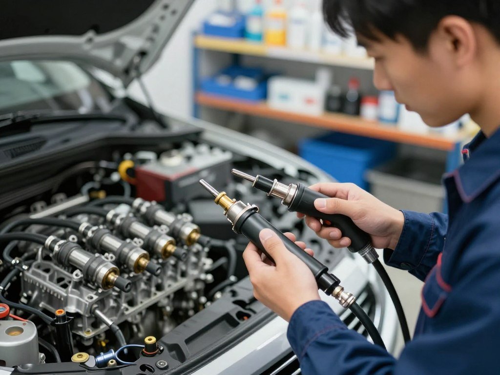 A technician in a clean, well-lit automotive workshop is demonstrating fuel injector cleaning techniques. In the foreground, the technician, dressed in a professional mechanic's attire, is holding a fuel injector cleaning tool, focusing on the injector itself. The middle ground features a disassembled engine with several fuel injectors laid out, highlighting the intricate components. In the background, shelves are stocked with automotive supplies and tools, suggesting a professional environment. The lighting is bright and even, emphasizing the cleanliness and precision of the workspace. The mood is one of diligence and expertise, creating an atmosphere of professionalism suitable for a performance guide on engine tune-ups and fuel injector maintenance.