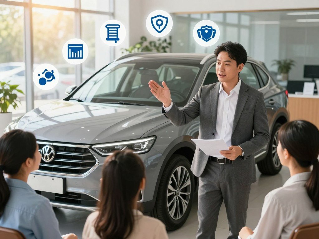 A vibrant and engaging scene illustrating personalized auto protection plans. In the foreground, a professional, trusted local expert interacts with a family, explaining different auto protection options. The expert is dressed in business attire, showcasing a sense of trust and professionalism. In the middle, a sleek car awaits, representing modern vehicles, with various icons symbolizing coverage options (like maintenance, accident protection, and theft coverage) elegantly displayed around it. The background features a warm and welcoming office setting with natural light streaming through large windows, reflecting a sense of security and warmth. The atmosphere is inviting, fostering a sense of assurance and personalized care for auto protection needs. The composition is captured in a slightly elevated angle to showcase both the expert and the car prominently.
