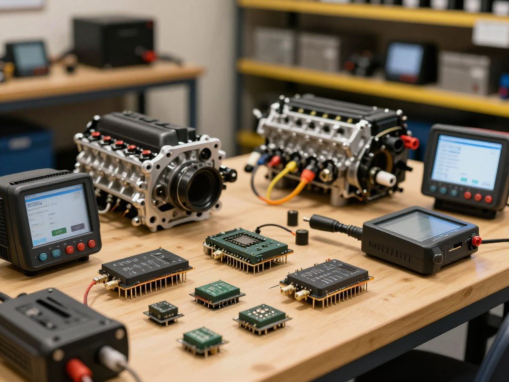 Engine control unit tuning components spread across a well-lit workshop bench. In the foreground, intricate tuning chips and diagnostic tools, gleaming under soft overhead lights, with reflections showcasing their sharp edges. In the middle ground, a partially disassembled engine with visible tuning points, wires, and connectors arranged meticulously. The background features blurred shelving filled with neatly organized industrial equipment, enhancing the technical atmosphere. The lighting is bright yet warm, creating a welcoming yet professional mood. The image is captured with a slight angle to emphasize depth and detail, conveying a sense of expertise and trustworthiness in the field of heavy-duty vehicle tuning. Engine control unit tuning components spread across a well-lit workshop bench. In the foreground, intricate tuning chips and diagnostic tools, gleaming under soft overhead lights, with reflections showcasing their sharp edges. In the middle ground, a partially disassembled engine with visible tuning points, wires, and connectors arranged meticulously. The background features blurred shelving filled with neatly organized industrial equipment, enhancing the technical atmosphere. The lighting is bright yet warm, creating a welcoming yet professional mood. The image is captured with a slight angle to emphasize depth and detail, conveying a sense of expertise and trustworthiness in the field of heavy-duty vehicle tuning.