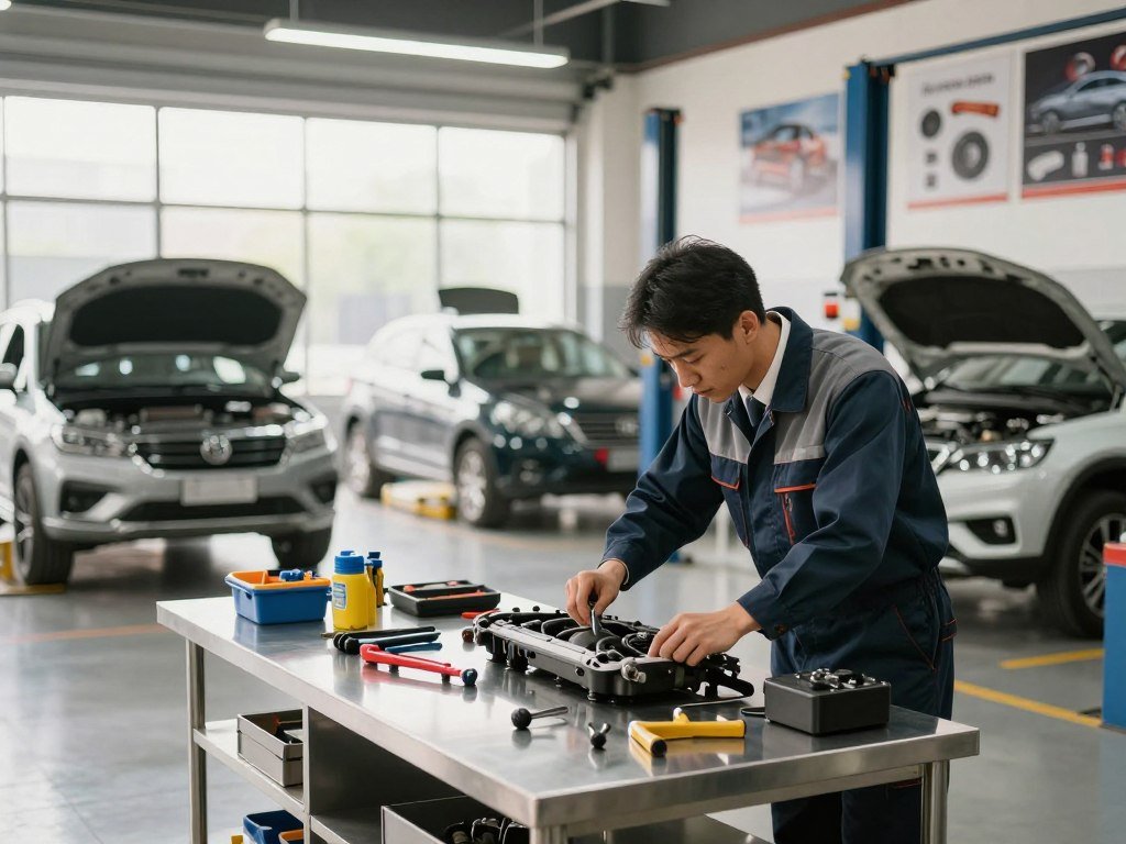 A bright, modern auto repair shop interior, focusing on a clean, organized workspace. In the foreground, a skilled mechanic wearing professional business attire inspects a car engine, showcasing expertise and attention to detail. Tools and equipment are neatly arranged on a nearby stainless steel workbench, reflecting a commitment to quality service. The middle ground features vehicles on hydraulic lifts, emphasizing the range of automotive services available. Soft, natural lighting filters through large windows, creating a warm and welcoming atmosphere. In the background, posters displaying automotive parts and services line the walls, contributing to the professional ambiance. The overall mood is one of reliability and trust, inviting customers to choose expert automotive repair services.