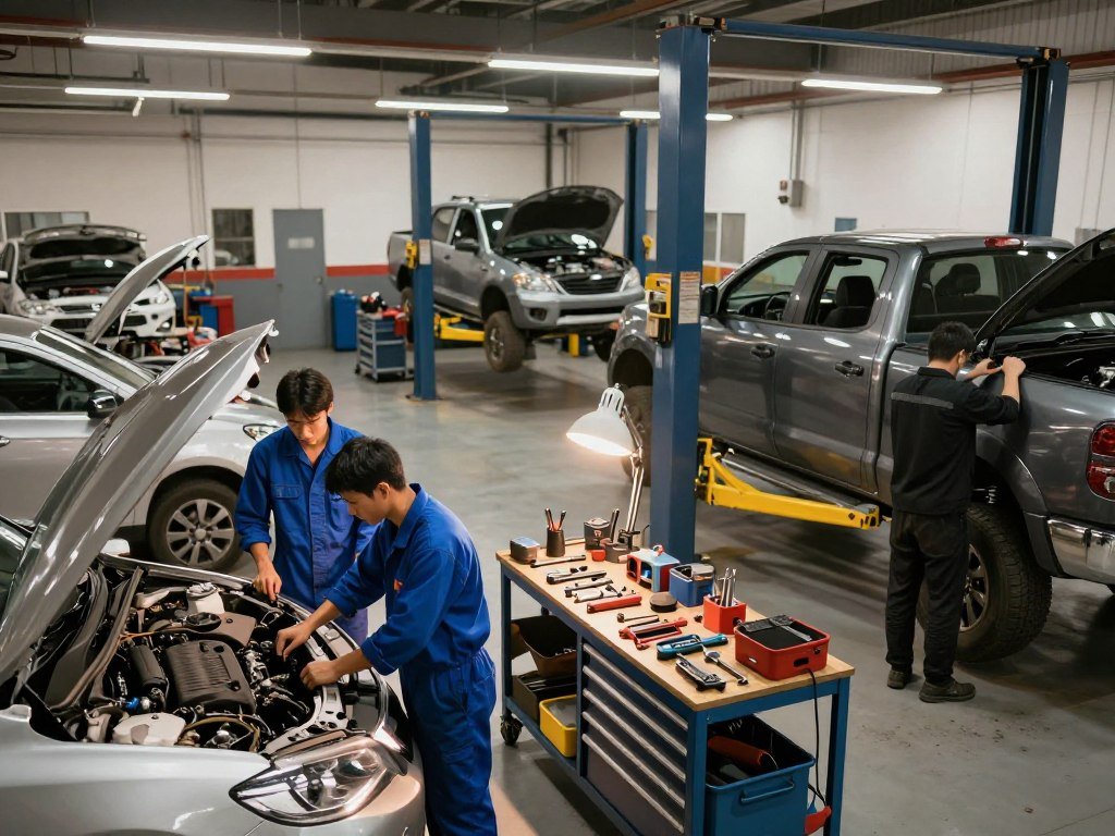 A bustling modern automotive repair shop with technicians working meticulously on various vehicles. In the foreground, two technicians in tidy blue coveralls inspect the engine of a sedan, while another technician in a black shirt works on a pickup truck's brakes. In the middle, an array of tools and equipment is neatly organized on a workbench, with a bright overhead light illuminating the scene, creating a sense of professionalism and efficiency. The background features a clean, well-lit workshop with additional vehicles elevated on hydraulic lifts. The atmosphere feels industrious and engaged, with the warm glow of fluorescent lights enhancing the focus on quality car care and expert repairs. The composition should be captured from a slightly elevated angle to provide a comprehensive view of the activity.