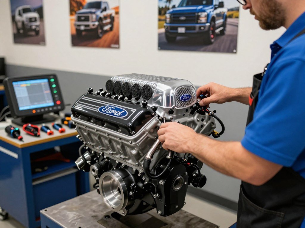 A close-up view of a Ford Power Stroke engine being finely tuned in a modern garage. In the foreground, a professional-looking mechanic, dressed in a clean blue shirt and black work apron, adjusts the high-tech tuning equipment. The engine, with its distinctive logo and intricate details, gleams under bright LED lights, showcasing its robust components. In the middle section, several tuning tools are neatly arranged on a workbench, emphasizing precision and craftsmanship. The background features a wall adorned with automotive posters, showcasing performance diesel vehicles, adding to the atmosphere of expertise and passion for tuning. The lighting is bright and focused, highlighting the engine's features, while a slight warm hue creates a welcoming yet professional ambiance, ideal for showcasing diesel engine tuning.