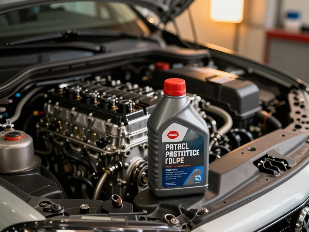 A close-up view of a diesel engine under the hood of a vehicle, showcasing a bottle of diesel fuel supplement prominently placed beside it. The foreground features the supplement bottle with a sleek, modern design, emphasizing its protective qualities. In the middle, the engine is meticulously detailed, showing intricate components like pistons and valves, glistening with oil to convey efficient performance. The background features a blurred garage setting, softly lit with warm, ambient lighting, creating a comforting and professional atmosphere. The angle is slightly above, giving a comprehensive view of the engine and supplement. The overall mood is one of reliability and innovation, illustrating how the supplement actively protects and enhances engine longevity.