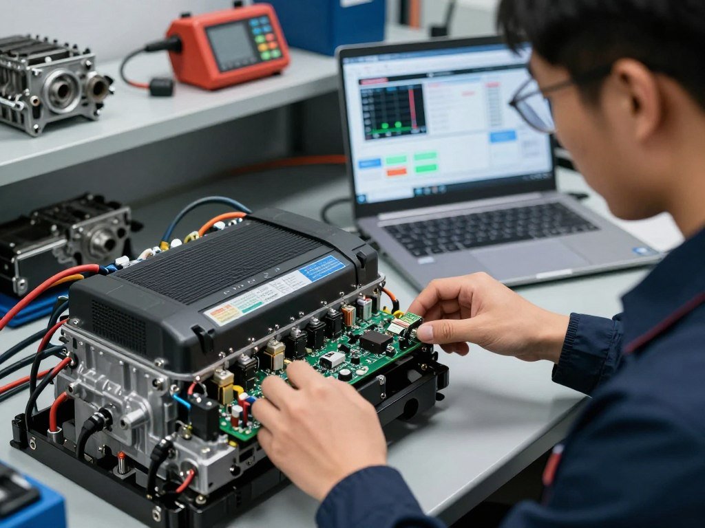 A close-up view of a diesel engine's Electronic Control Module (ECM) on a workbench, showcasing detailed wiring and circuit boards. The foreground features a technician in a smart, professional outfit, examining the ECM with focused concentration. In the middle ground, various tools and tuning software interface displayed on a laptop screen, displaying graphs and data related to performance tuning. The background shows an organized workspace with engine parts and a diagnostic tool on a shelf. Bright, focused overhead lighting highlights the intricate components, creating a serious and technical atmosphere, emphasizing the precision involved in high-performance ECM tuning. The scene captures the essence of understanding ECM tuning basics in a professional setting.