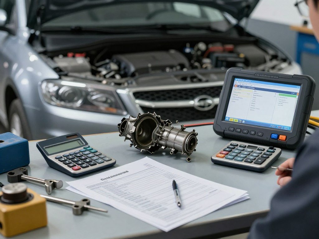 A close-up view of a mechanic's workbench cluttered with various auto repair tools and diagnostic equipment, highlighting a discarded, misdiagnosed car part while a calculator and bills partially hidden underneath reveal the financial burden of misdiagnosis. In the background, an open hood of a car looms, casting shadows over the workspace. Soft, diffused lighting illuminates the scene, creating a serious and contemplative atmosphere, as if hinting at the consequences of poor diagnosis. The angle is slightly above eye level, drawing attention to the details on the workbench while keeping the car in focus. Professional tools and paperwork are neatly arranged, symbolizing the themes of accuracy and financial impact.