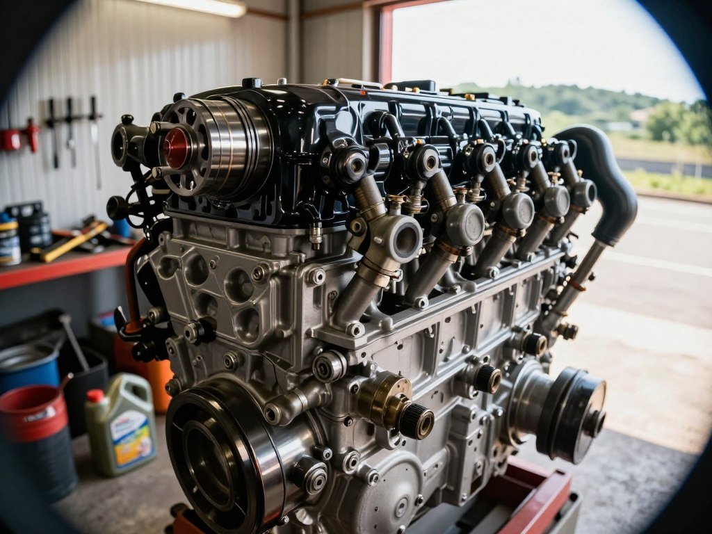 A close-up view of a powerful diesel engine, showcasing intricate details such as pistons, valves, and fuel injectors, illustrating rugged performance and longevity. In the foreground, focus on the engine's metallic surfaces glistening under bright, natural sunlight, highlighting the craftsmanship and engineering excellence. In the middle ground, include a lightly textured backdrop of a workshop or garage setting, equipped with tools and oil canisters to enhance the industrial atmosphere. The background features a blurred, distant view of an outdoor landscape, suggesting reliability in different environments. Use a slight fish-eye lens effect to amplify the engine's imposing stature, evoking a mood of strength and endurance. The overall lighting should be bright and clear, emphasizing the engine's robust design without any distractions like text or logos.