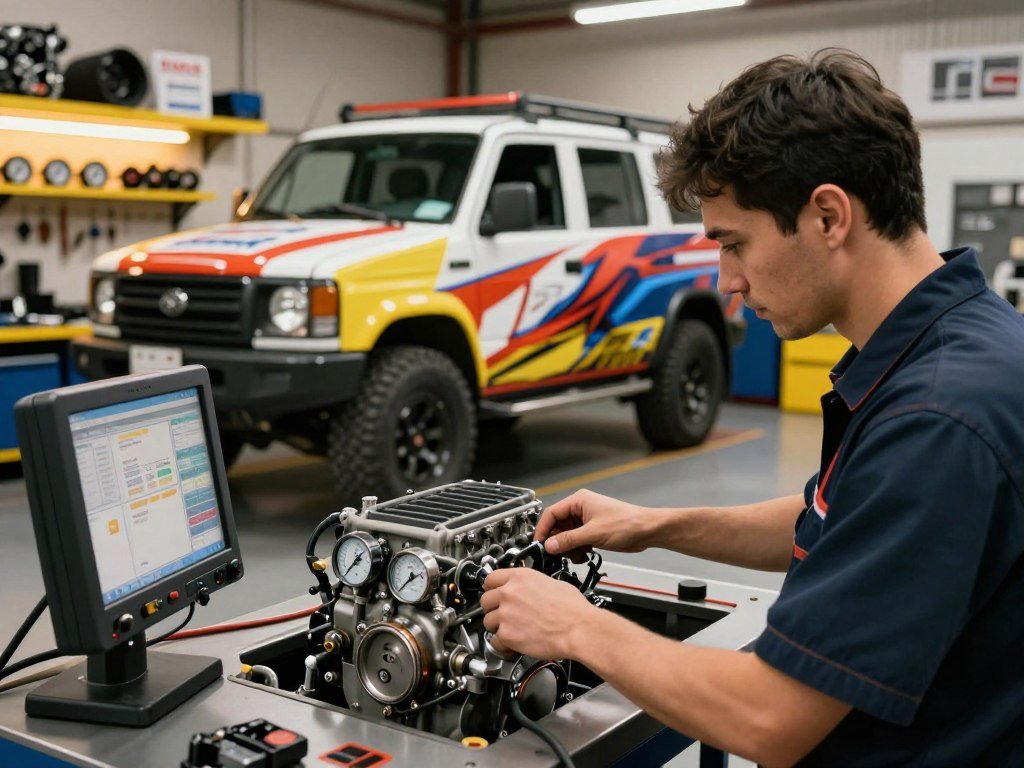 A detailed and dynamic scene showcasing diesel engine tuning in a well-lit automotive workshop. In the foreground, a skilled mechanic in professional attire is focused on adjusting a diesel engine's tuning settings, surrounded by advanced diagnostic tools and gauges. In the middle ground, a polished, modified diesel vehicle is prominently displayed with vibrant decals highlighting performance upgrades, showcasing its rugged features and powerful stance. The background features shelves lined with engine parts, tuning manuals, and gauges, all bathed in warm, ambient lighting that adds a professional yet inviting atmosphere. The image captures the precision and technical skill involved in diesel tuning, with an overall mood of expertise and innovation. A shallow depth of field emphasizes the mechanic's concentrated expression while keeping the background details in soft focus, creating an engaging and informative visual.