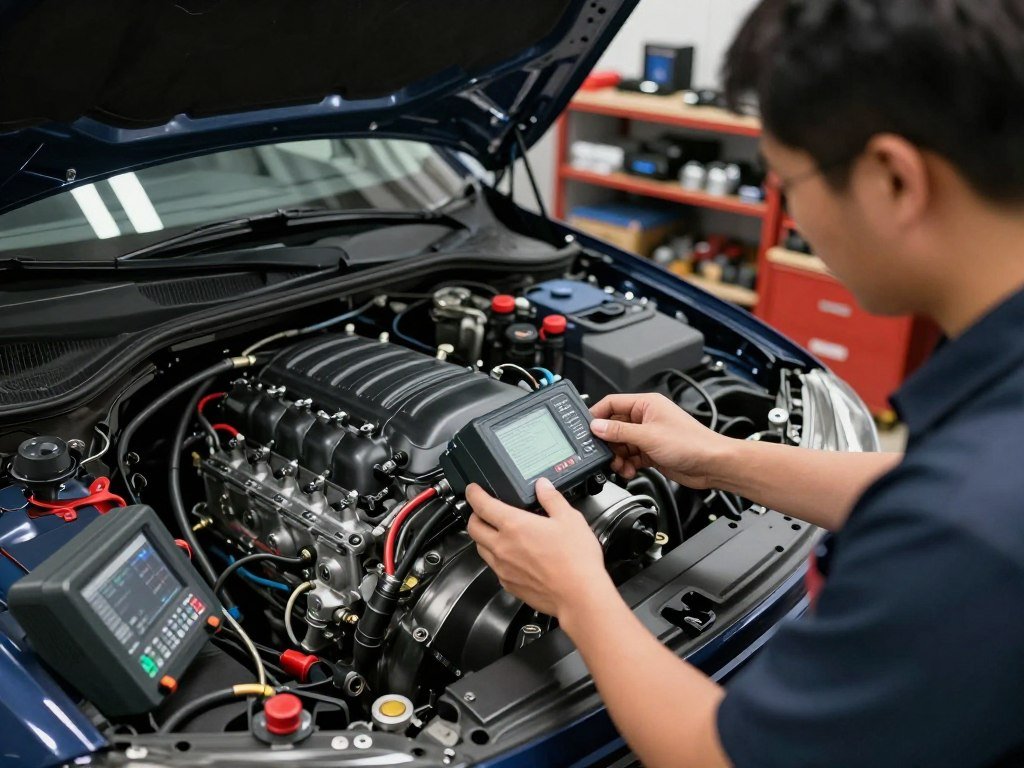 A detailed view of a diesel engine tuning process in a workshop setting. In the foreground, a skilled technician in a professional work shirt carefully adjusts the Engine Control Module (ECM) of a powerful diesel engine, surrounded by various tuning tools and diagnostic equipment. The middle ground showcases an open engine bay with intricate wiring and sensors visible, highlighting the complexity of the tuning process. In the background, shelves are lined with performance parts and tools, while soft, focused lighting illuminates the scene, casting gentle shadows. The atmosphere is one of precision and expertise, evoking a sense of dedication to high-performance engineering. The perspective is slightly angled, capturing the action dynamically, without any text or branding elements.