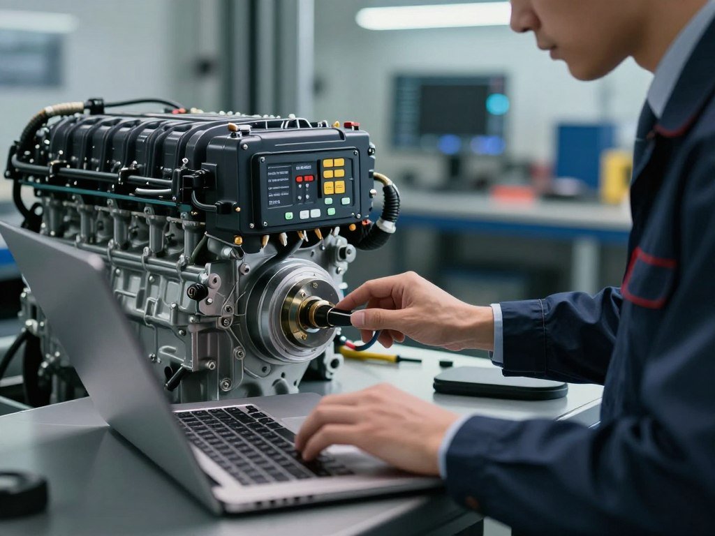 A high-quality close-up of a professional technician using a laptop to calibrate a diesel engine control module in a modern workshop setting, cinematic lighting, 8k resolution.