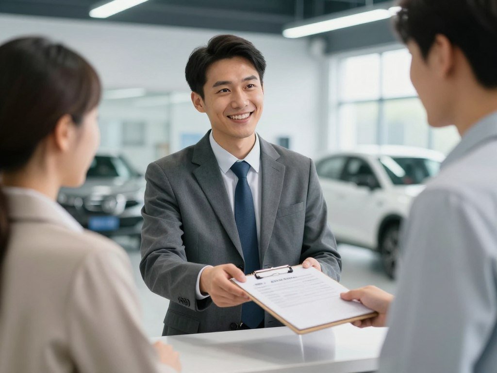 A high-quality, realistic photograph of a professional service advisor at a clean, modern automotive repair shop counter, smiling and handing a clipboard to a customer, bright and welcoming atmosphere, cinematic lighting.