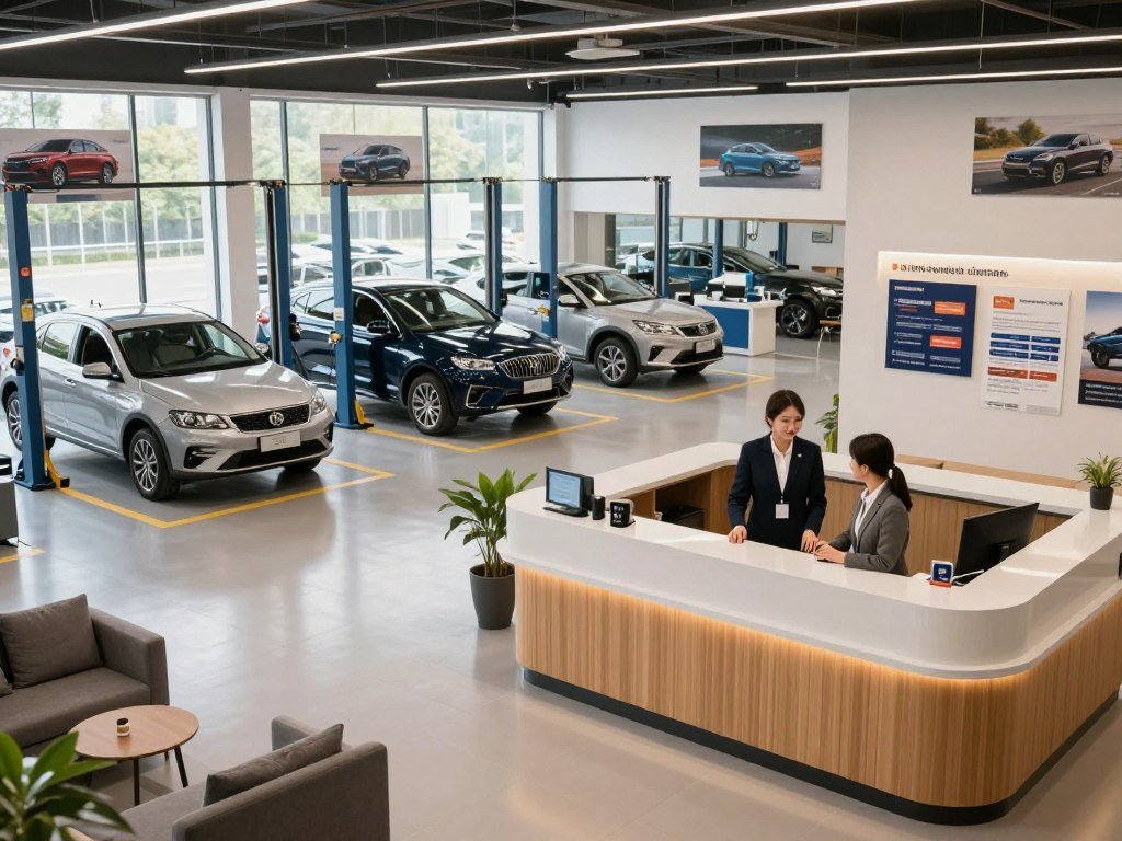 A modern auto shop interior, showcasing a stylish and inviting customer service area in the foreground, featuring comfortable seating and a warm, welcoming reception desk with a professional staff member in business attire interacting with a customer. In the middle ground, display well-organized service bays with vehicles being serviced by skilled technicians, equipped with high-tech tools and bright task lighting. The background should include large windows that let in natural light, enhancing the clean and organized atmosphere, while automotive posters and customer care feature displays enrich the environment. The overall mood is friendly and professional, reflecting a commitment to quality car care and convenience. Use a wide-angle lens for an expansive view, emphasizing depth and detail.