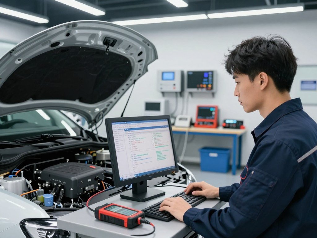A modern automotive diagnostic shop interior, featuring a skilled technician in professional attire examining a car using advanced diagnostic tools. In the foreground, the technician is focused on a computer screen displaying intricate data and error codes. The middle ground showcases a sleek car with its hood open, revealing electronic components and a diagnostic scanner connected to the vehicle's onboard computer. In the background, various diagnostic equipment and tools are neatly organized on shelves under bright fluorescent lights, creating a clean and professional atmosphere. The lighting is bright and evenly distributed, enhancing clarity and detail. The overall mood is one of precision and expertise, highlighting the importance of an accurate automotive diagnostic process.