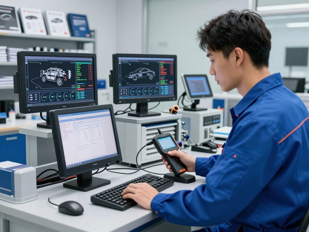 A modern automotive repair workshop equipped with advanced diagnostic technology. In the foreground, a professional mechanic wearing a clean, blue jumpsuit uses a state-of-the-art diagnostic scanner connected to a car's onboard computer, illuminated by soft LED lighting. The middle ground features an array of high-tech diagnostic tools, including multi-function displays showcasing engine performance data and vehicle health metrics. In the background, shelves filled with automotive manuals and digital tablets enhance the atmosphere of expertise. The workshop is brightly lit, conveying a sense of cleanliness and professionalism, with tools organized neatly for efficiency. The overall mood is focused and high-tech, emphasizing the advancement of automotive repair capabilities.