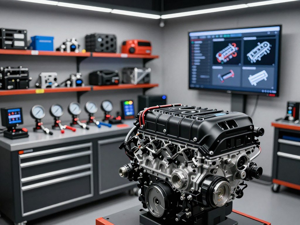 A modern diesel engine tuning workshop, showcasing a sleek, black diesel engine prominently in the foreground, with various customizable performance tuning options displayed on a digital screen beside it. The middle ground features an array of tuning tools and gauges, arranged neatly on a workbench, highlighting the high-tech nature of diesel tuning. In the background, shelves lined with engine components and performance parts add depth, softly illuminated by overhead LED lights for a clean, professional atmosphere. The image should convey a sense of innovation and precision, captured from a slightly elevated angle to provide a comprehensive view of the workspace. The overall mood is focused and technical, emphasizing the benefits of customizable performance in diesel tuning without any distractions.