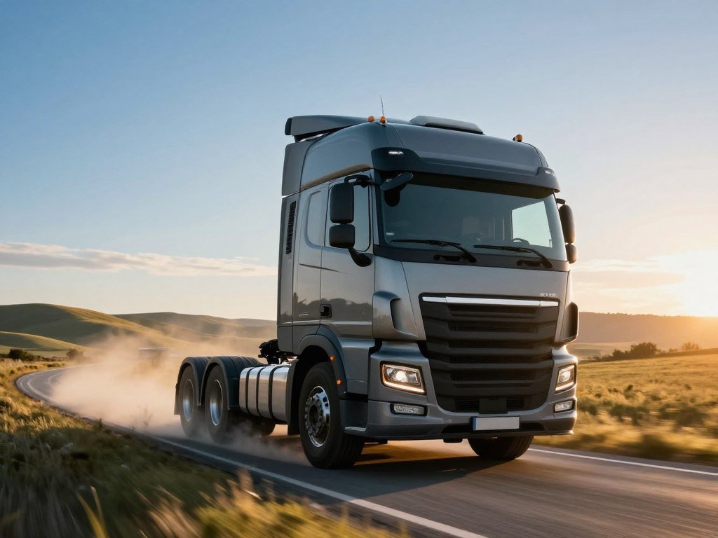 A modern diesel truck driving through a scenic countryside road, showcasing an enhanced driving experience. In the foreground, the truck is positioned dynamically with its engine prominently displayed, hinting at the tuning modifications. The middle ground features rolling hills and a clear blue sky, capturing motion with dust clouds swirling behind the vehicle. In the background, a sunset creates warm, golden lighting that accentuates the truck's sleek design, emphasizing its power and agility. The mood is invigorating and energetic, evoking feelings of freedom and adventure. The image should be shot from a low angle to amplify the truck's imposing stature, using a wide-angle lens to convey depth and motion without any text or overlays.