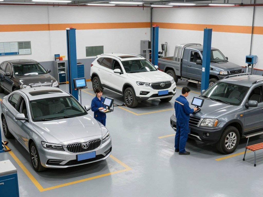 A professional and bright automotive workshop featuring a diverse range of cars including a sedan, an SUV, and a truck parked over service bays, mechanics using digital diagnostic tools, clean and organized environment.