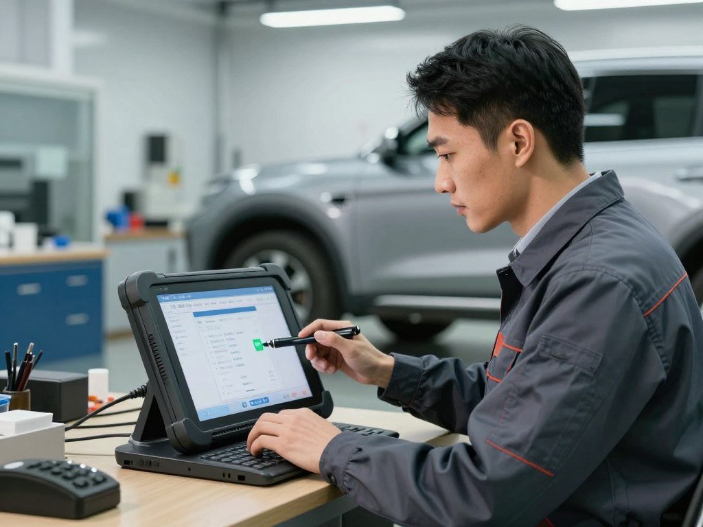 A professional auto mechanic in a clean shop using a high-end digital diagnostic tablet to scan a modern SUV, bright and trustworthy atmosphere, cinematic lighting, 4k.