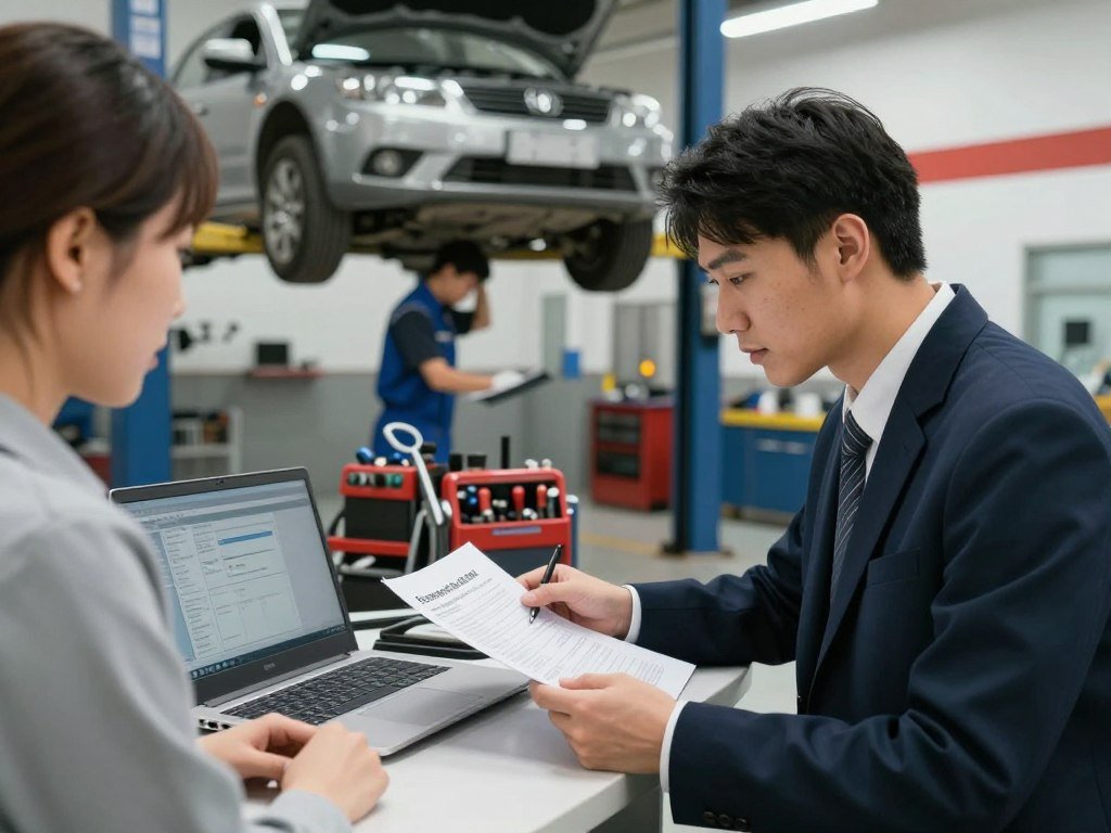 A professional auto repair shop interior, focusing on a service desk where a knowledgeable technician, dressed in smart business attire, assists a customer. In the foreground, the technician is reviewing documents related to an extended auto repair warranty, showcasing a laptop with diagnostic software open. In the middle, a well-organized service area displays tools and equipment, with a car on a lift being worked on by another technician in the background, both wearing safety gear. The lighting is bright and inviting, suggesting a clean and efficient environment, with a warm, professional atmosphere that conveys trustworthiness. Capture the scene from a slightly low angle to emphasize the service desk and the attentive interactions between the technician and the customer. The image should be devoid of any text or branding elements.