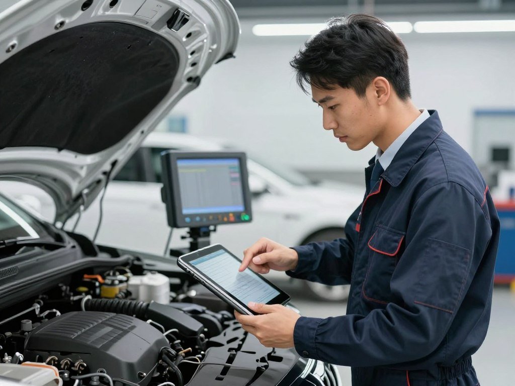 A professional automotive technician in a clean, modern garage using a digital tablet to run diagnostics on a car engine, bright lighting, high quality, realistic style.