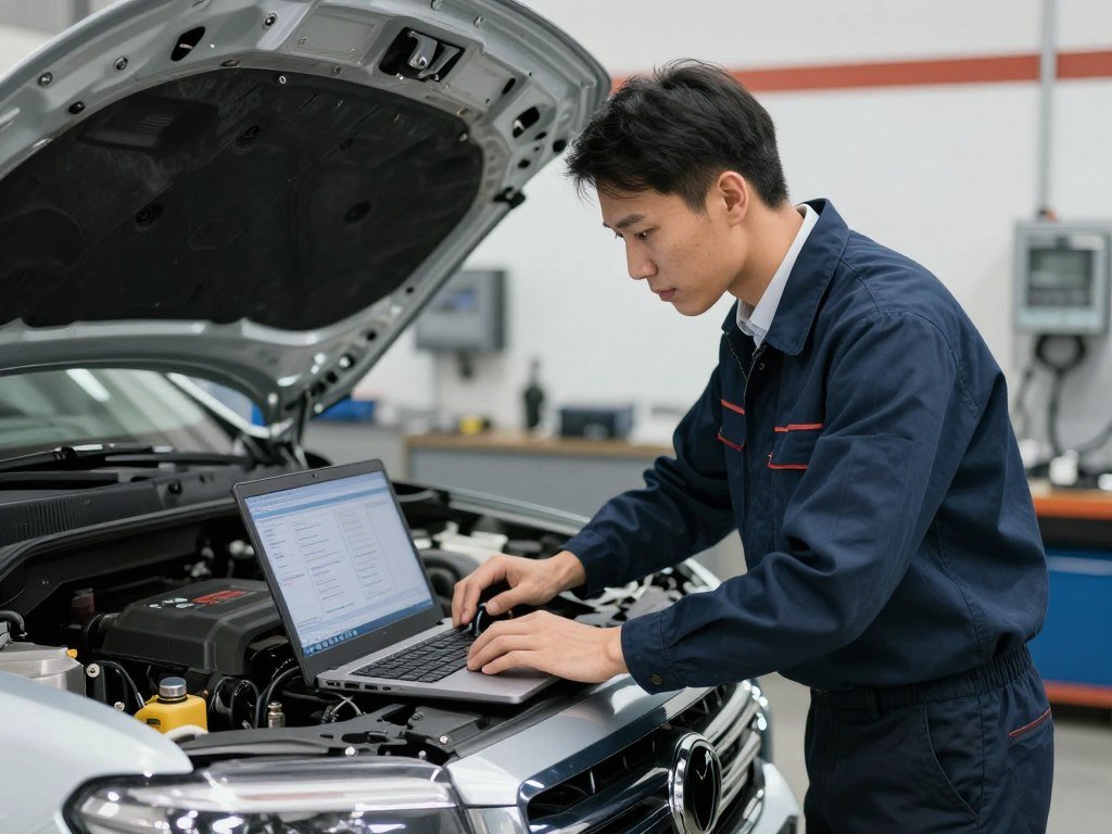 A professional automotive technician in a modern workshop environment connecting a diagnostic laptop to a high-performance diesel pickup truck to perform an ECM calibration.