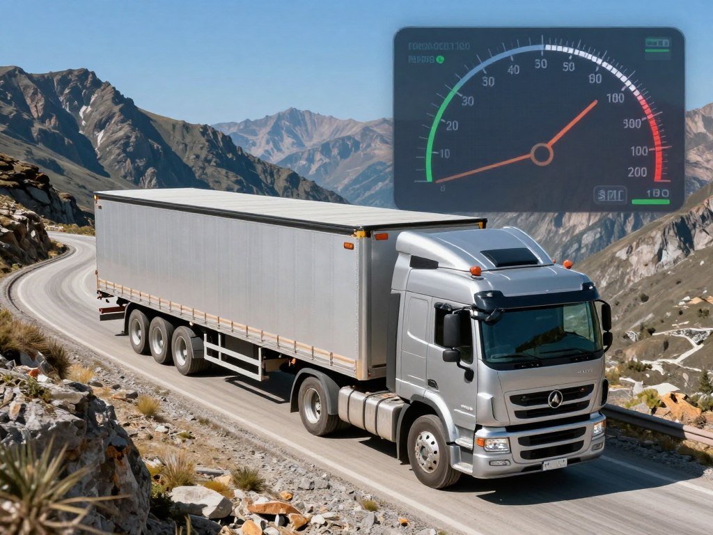 A professional high-angle shot of a silver heavy-duty diesel truck pulling a large trailer up a mountain pass, with a digital interface overlay showing increased torque and horsepower gauges.